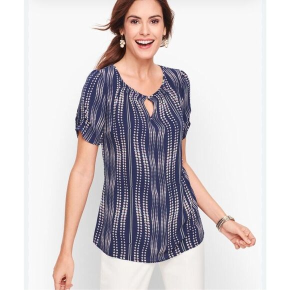 Talbots FLORAL STRIPE TOP Blouse Size 2Xp Navy  EUC - Picture 1 of 9